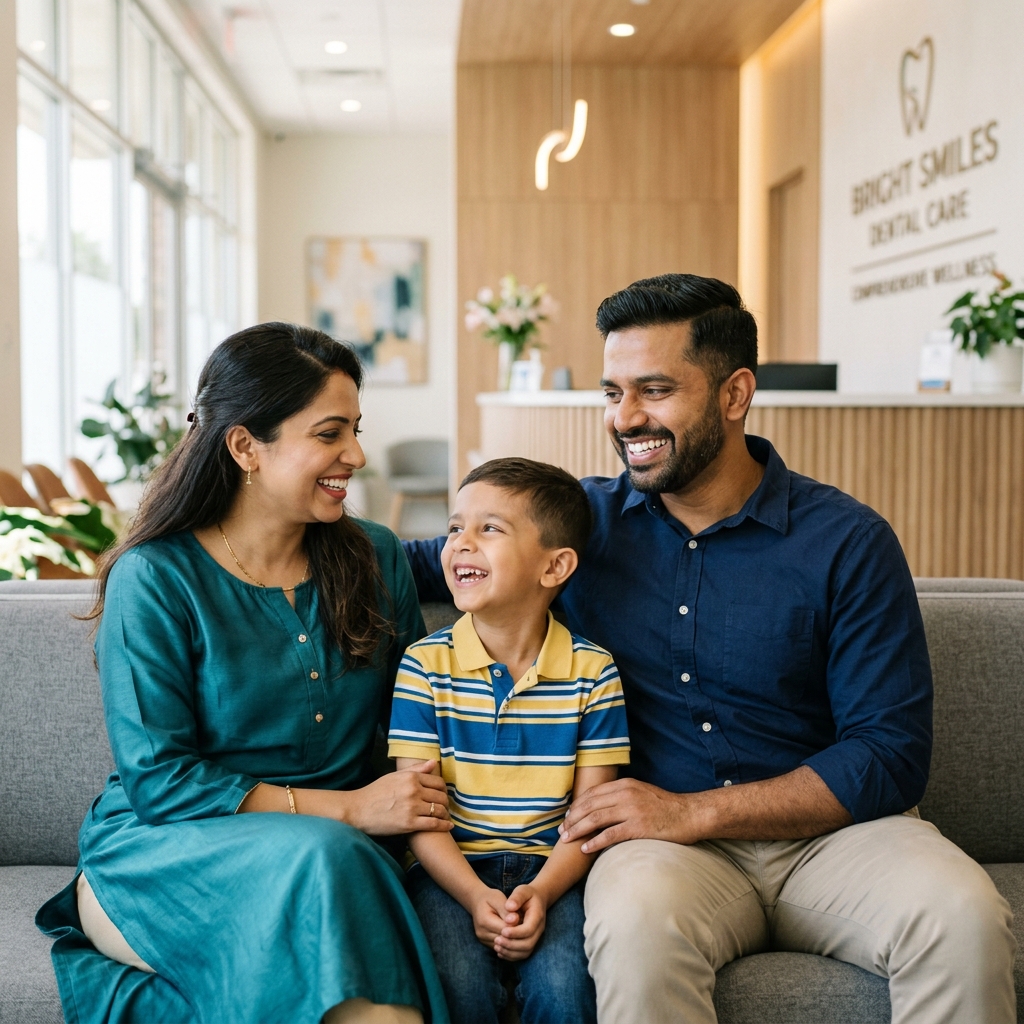 Indian family smiling at Novel Dental & Implant Clinic lobby